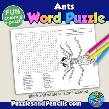 Ants word search puzzle and coloring activity page by puzzles and pencils