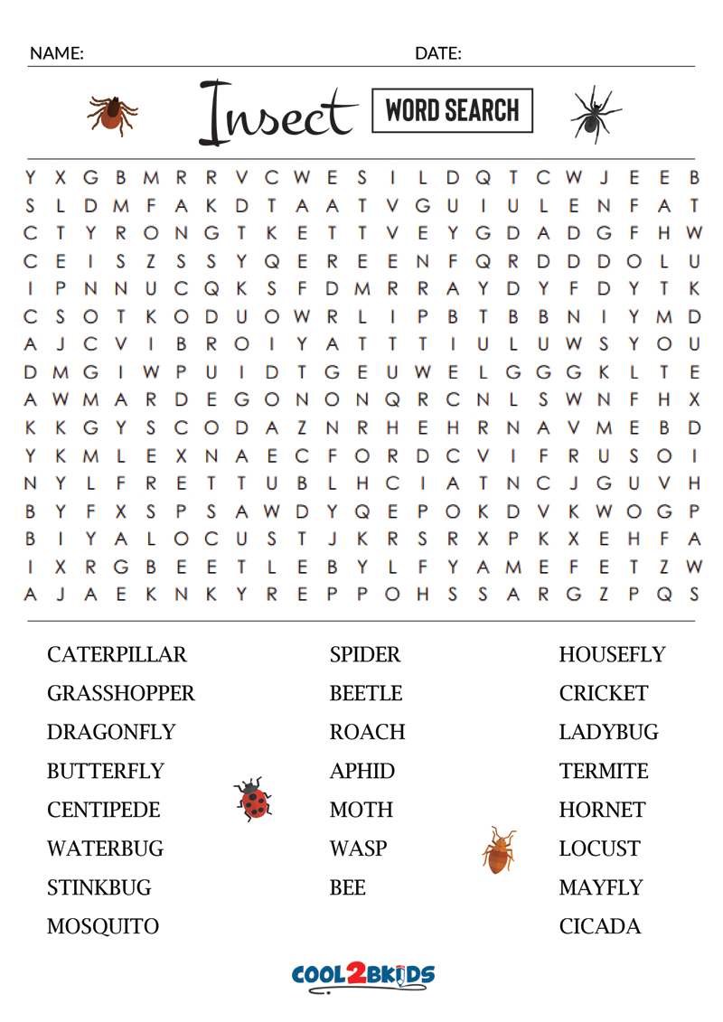 Printable insect word search