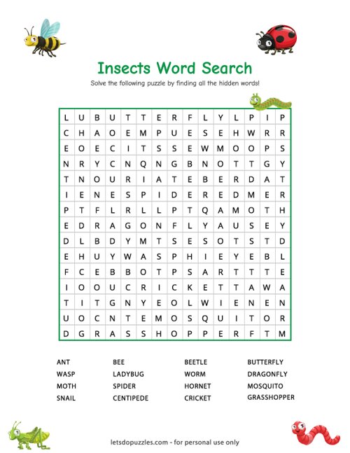 Printable insect word search