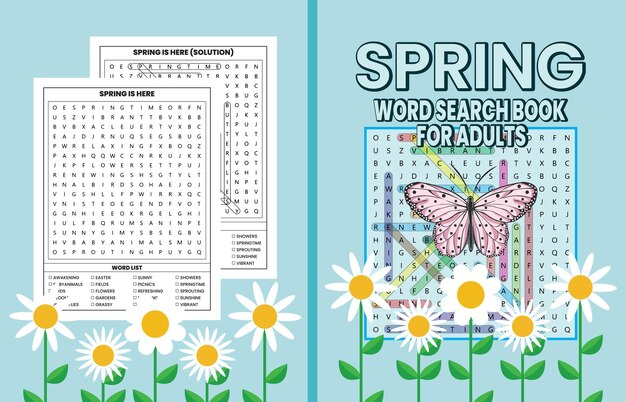 Premium vector spring word search puzzle cover for adults