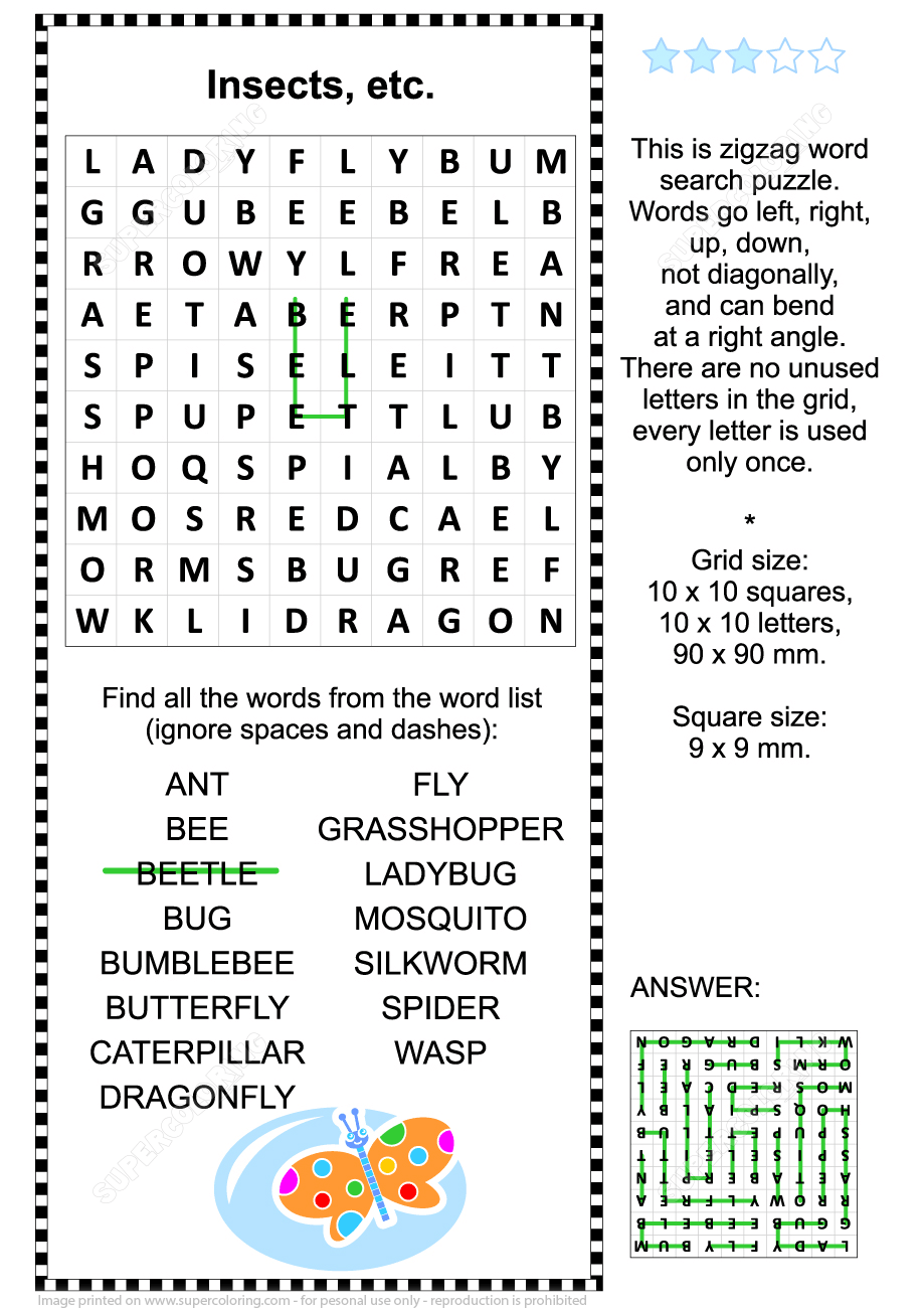 Zigzag word search puzzle with insects free printable puzzle games