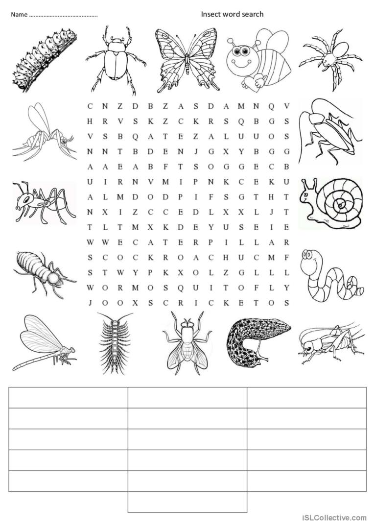 Insect word search word search glish esl worksheets pdf doc