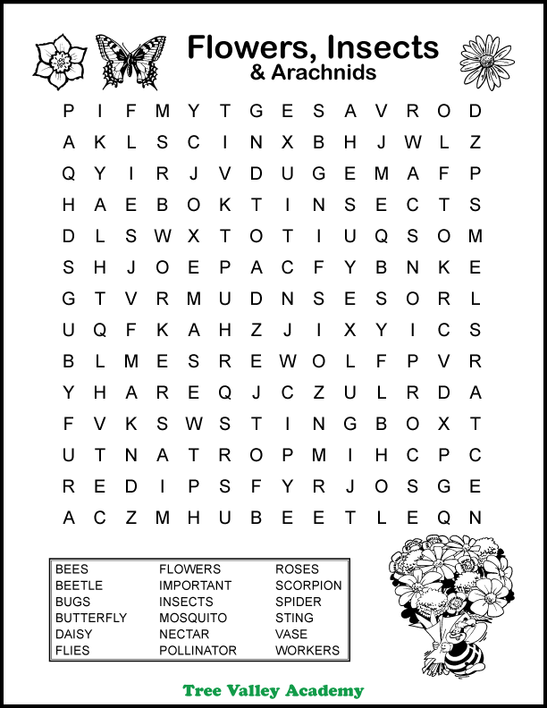 Flowers insects arachnids word search for kids