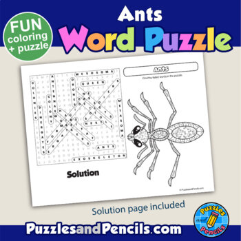 Ants word search puzzle and coloring activity page by puzzles and pencils