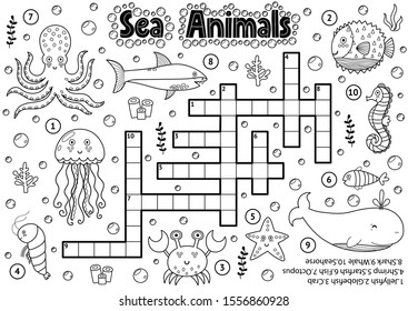 Vektor stok black white crossword sea animals coloring tanpa royalti