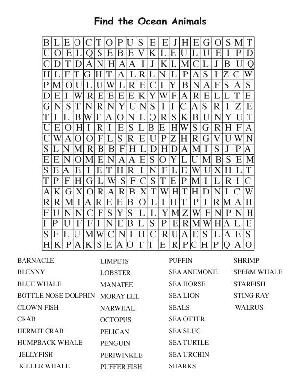 Ocean words ocean animals word search printables