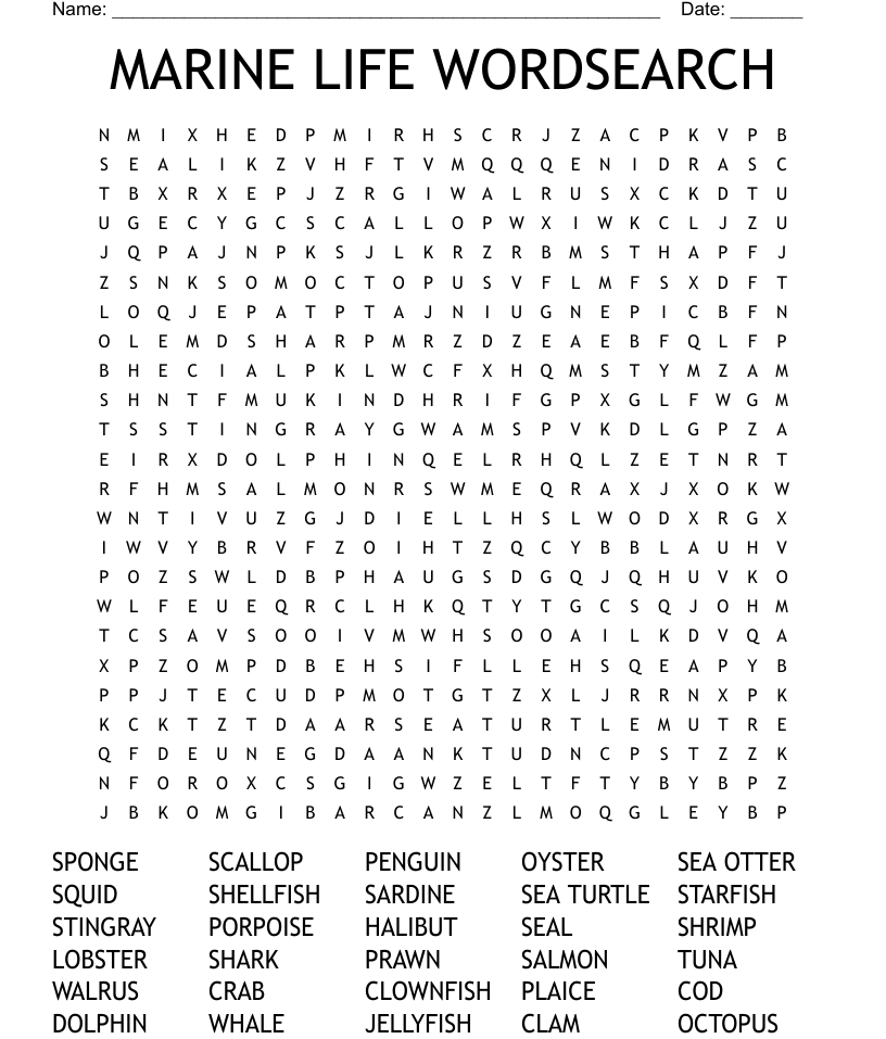 Ocean animals word search