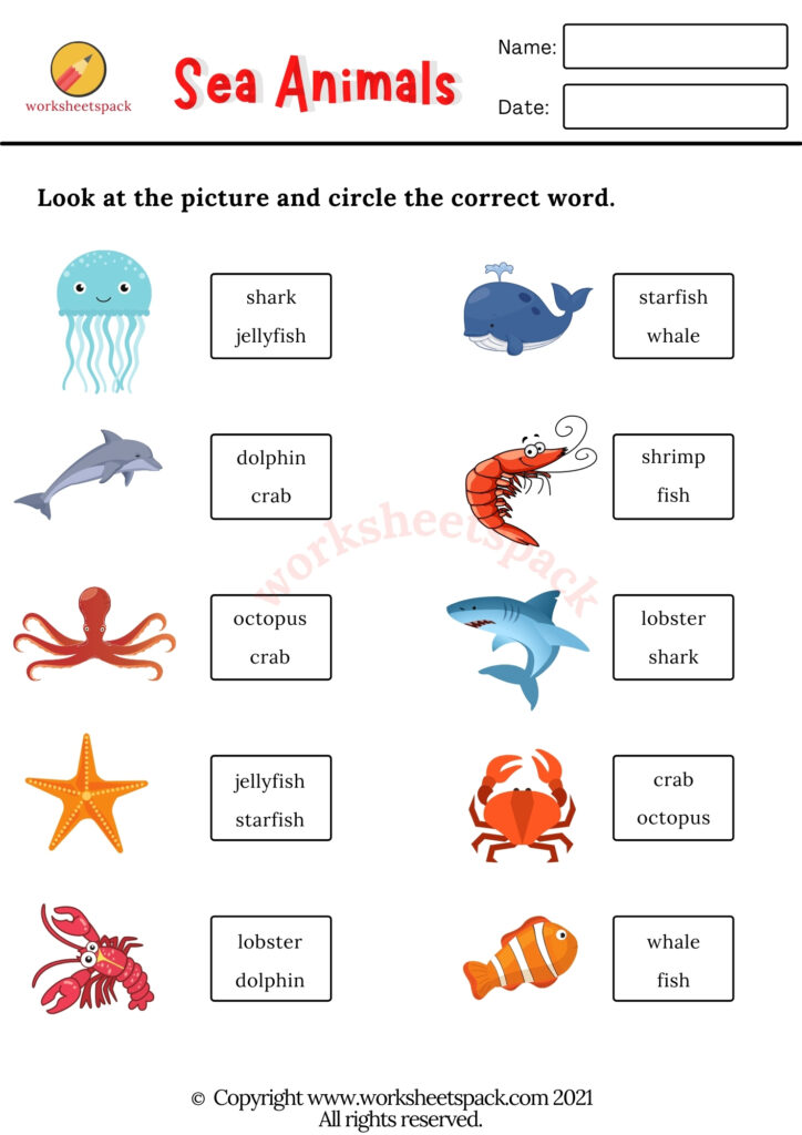 Free printable sea animals worksheets