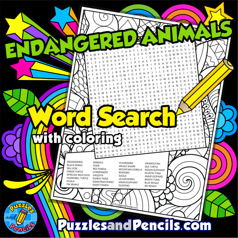 Endangered animals word search puzzle with coloring vulnerable animals wordsearch made by teachers