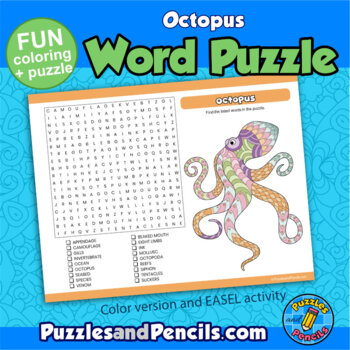 Octopus word search puzzle and coloring activity page marine life