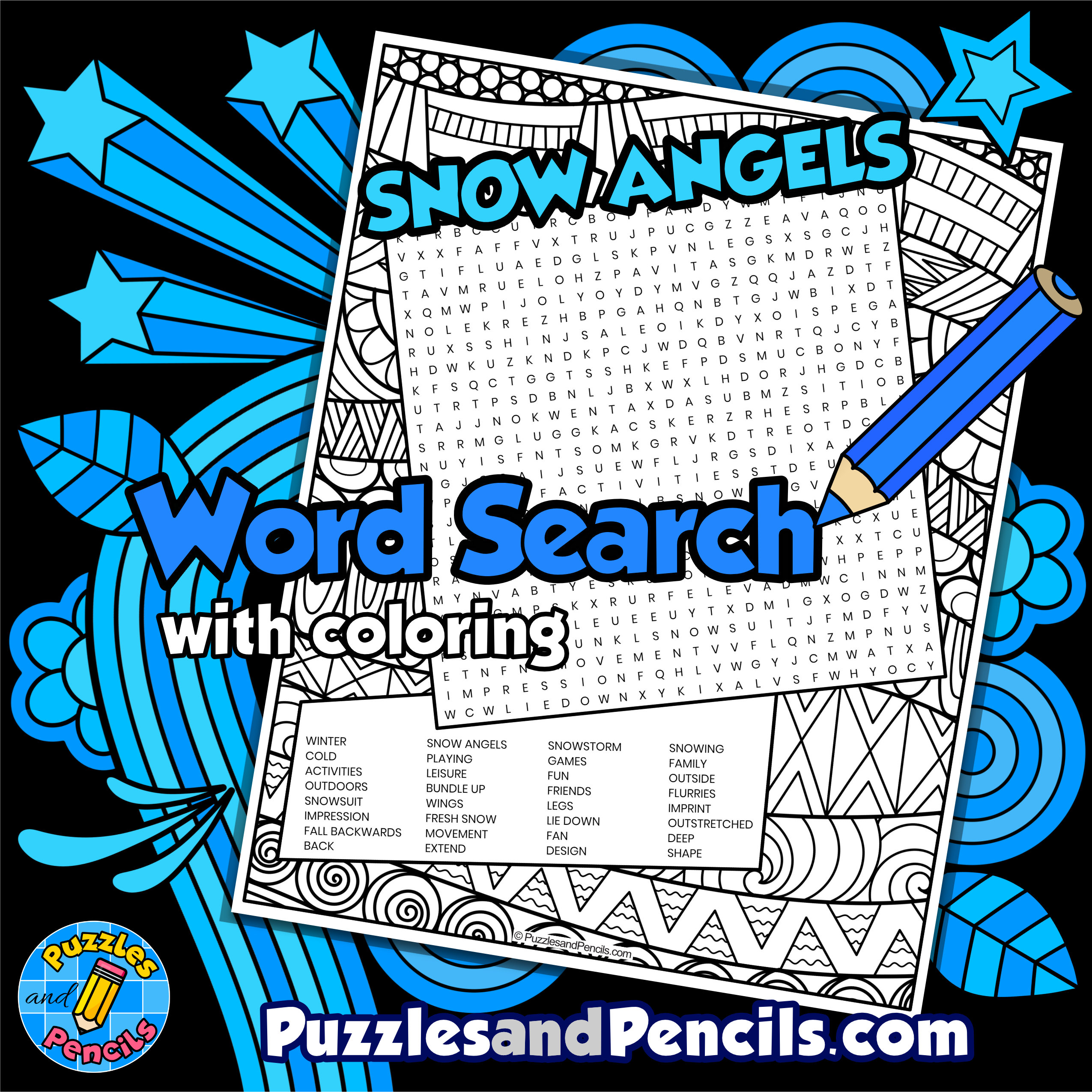 Snow angels word search puzzle activity page with coloring seasons winter made by teachers