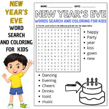 New years eve coloring and word search puzzles worksheets pages for kids