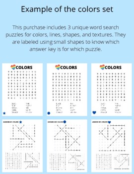 Art word search puzzles colors shapes lines textures tpt