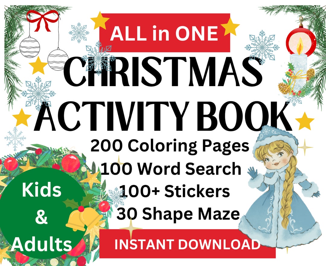 Christmas activity book coloring pages stickers mazes word search adults kids printable activity book