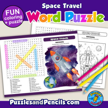 Space travel word search puzzle and coloring activity astronomy series