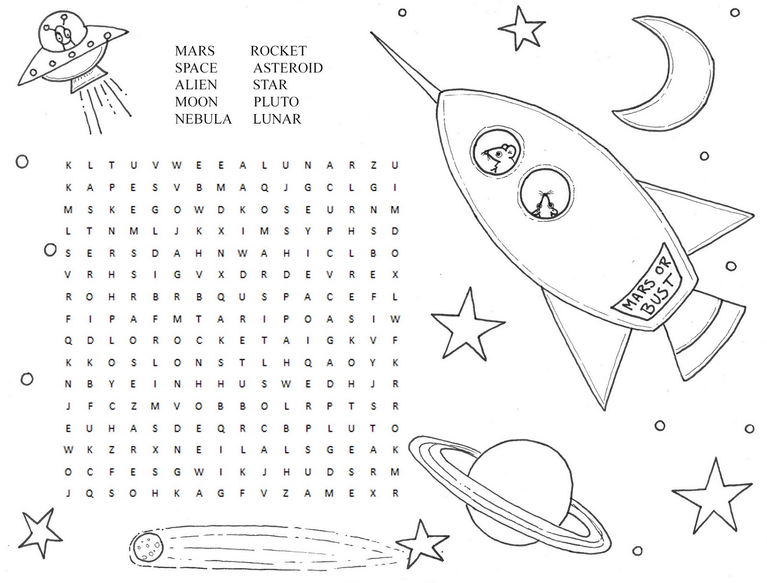 Outer space word search activity shelter