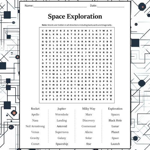 Space exploration word search puzzle worksheet activity