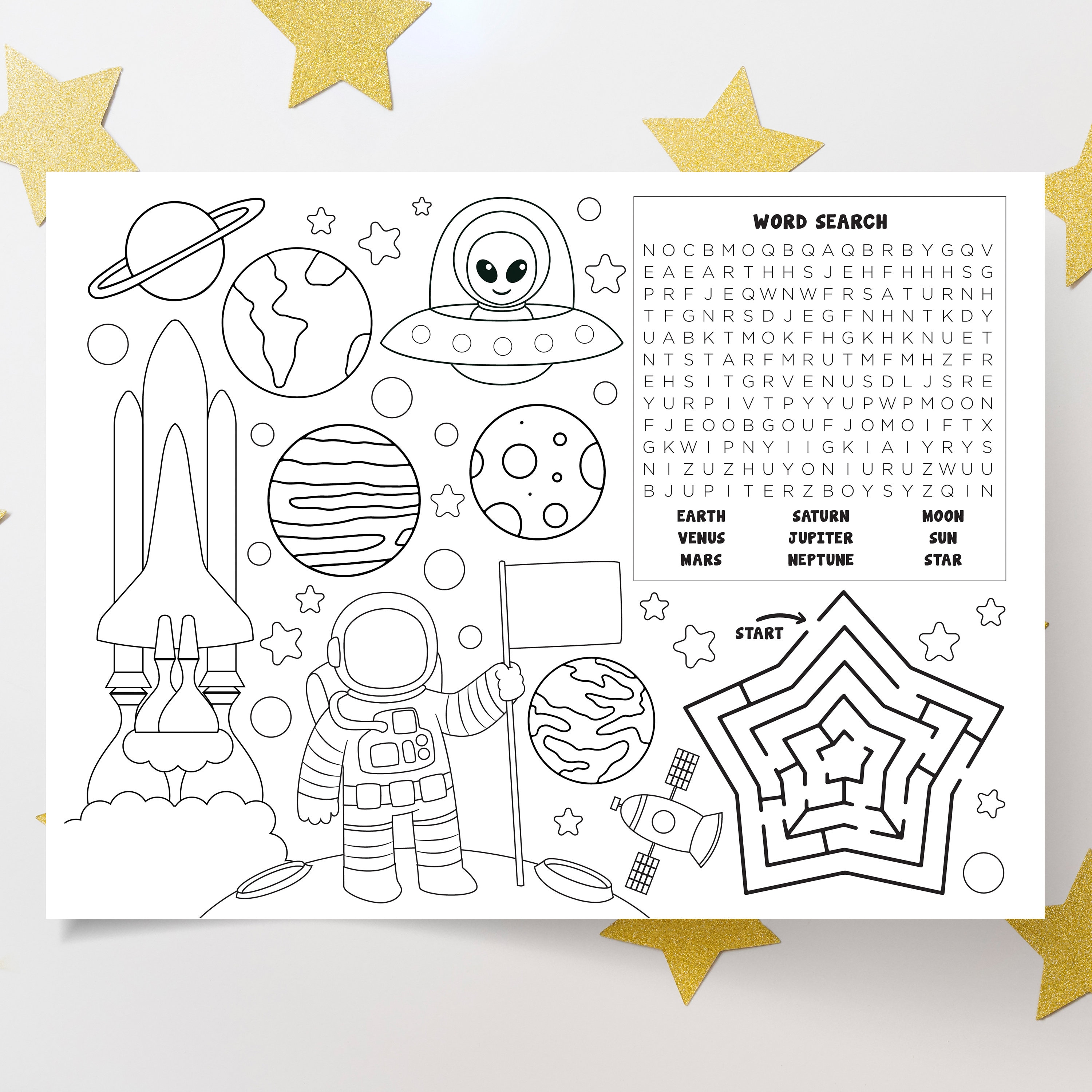 Space coloring page space activity page digital printable space coloring page for kids