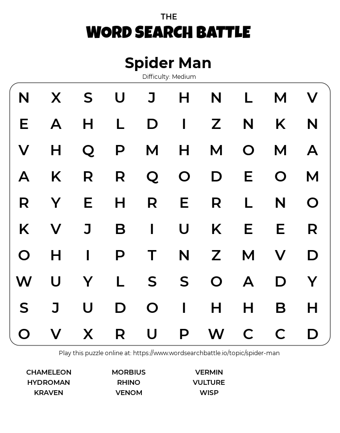 Printable spider man word search