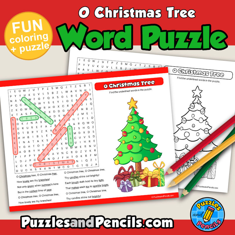 O christmas tree word search puzzle activity page with coloring christmas carols wordsearch made by teachers