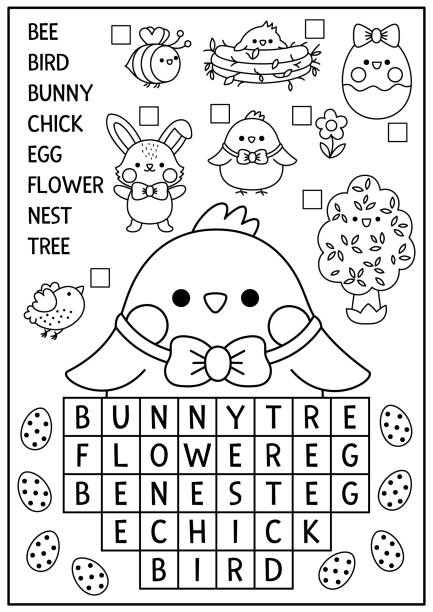 Vector black and white kawaii easter egg shaped word search puzzle for kids spring holiday quiz educational activity or coloring page cute cross word with hatching chick bunny stock illustration