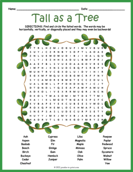 Arbor day trees word search puzzle worksheet activity by puzzles to print