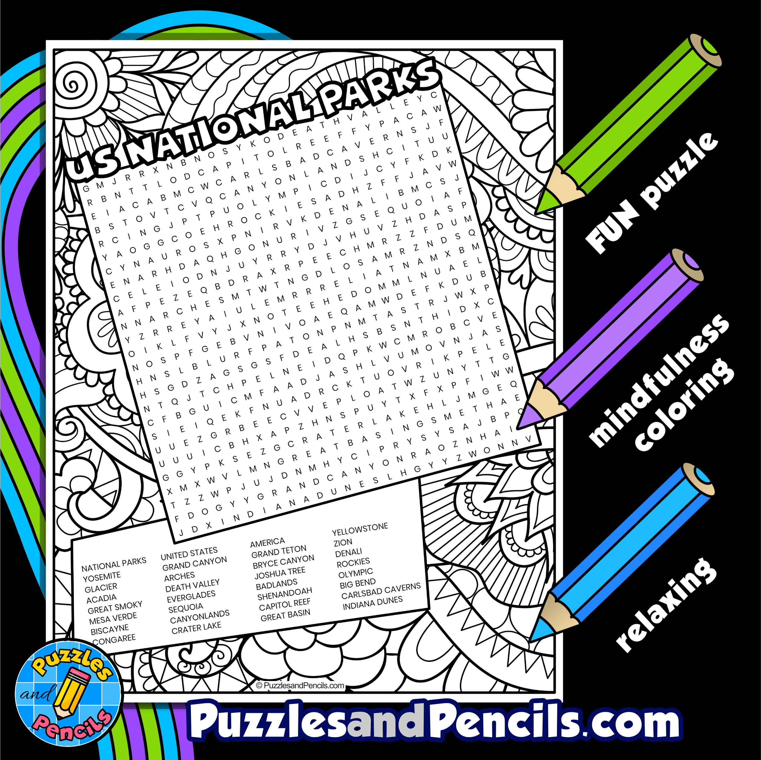 Us national parks word search puzzle with coloring wordsearch made by teachers