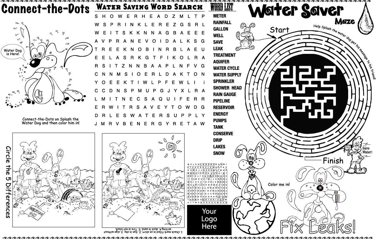 Splash the water dog educational coloring puzzles about the environment