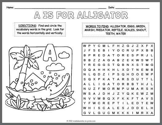 Alligator word search coloring page