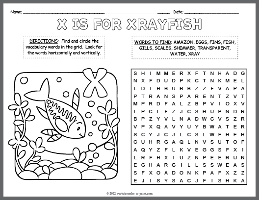 Xrayfish word search coloring page