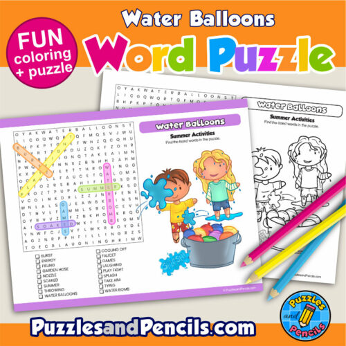 Water balloons word search puzzle activity page and coloring summer wordsearch made by teachers