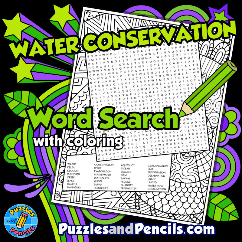 Water conservation word search puzzle with coloring environmental issues wordsearch made by teachers