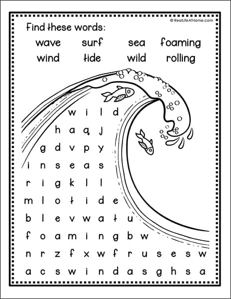 Easy and free ocean wave word search printable for kids
