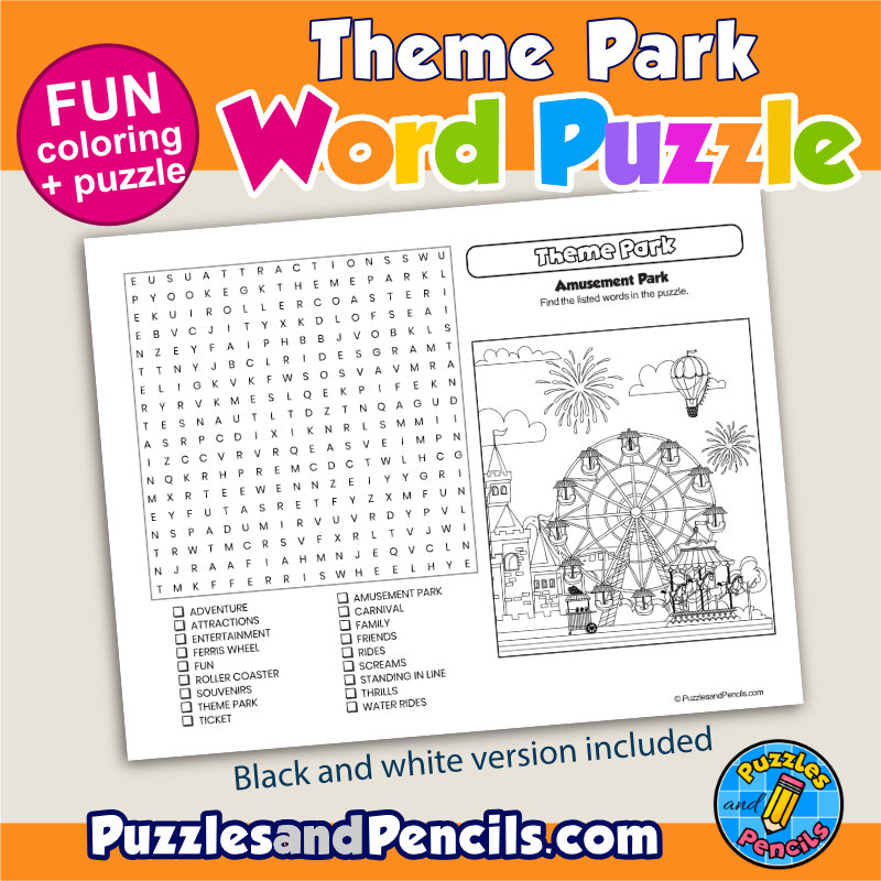 Theme park word search puzzle activity page and coloring wordsearch made by teachers