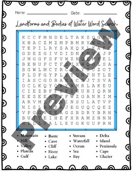 Landforms and bodies of water activities word search