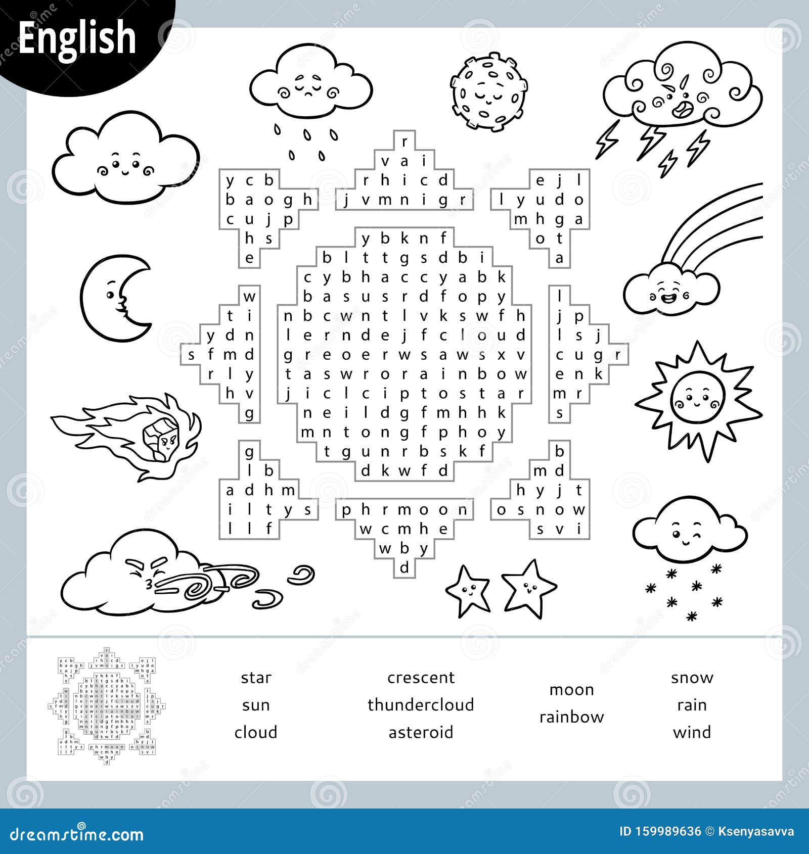 Word search puzzle cartoon weather items education game for children stock vector