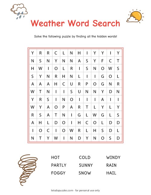 Free printable weather word search for kids