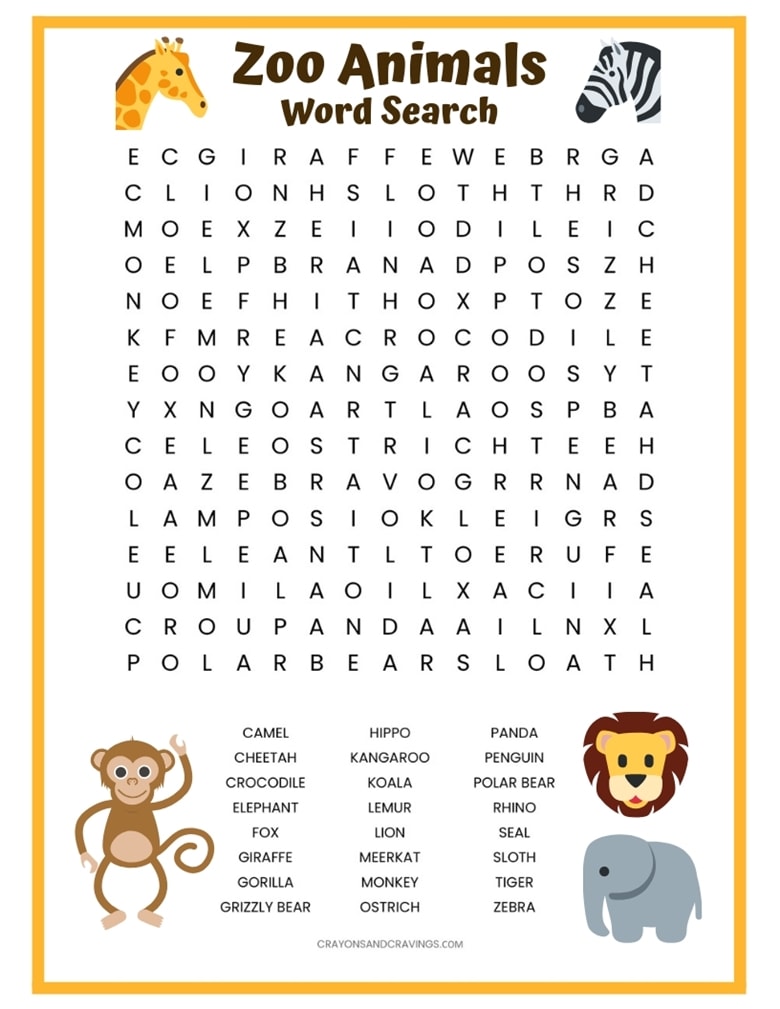 Zoo animals word search free printable