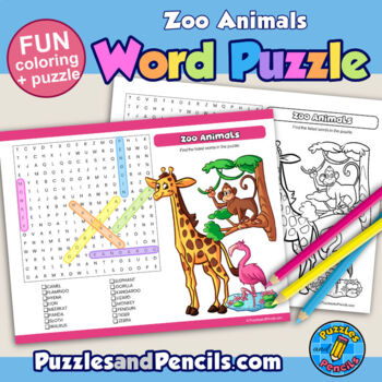 Zoo animals activity page word search puzzle with coloring tpt