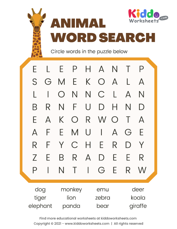 Free printable animal word search worksheet