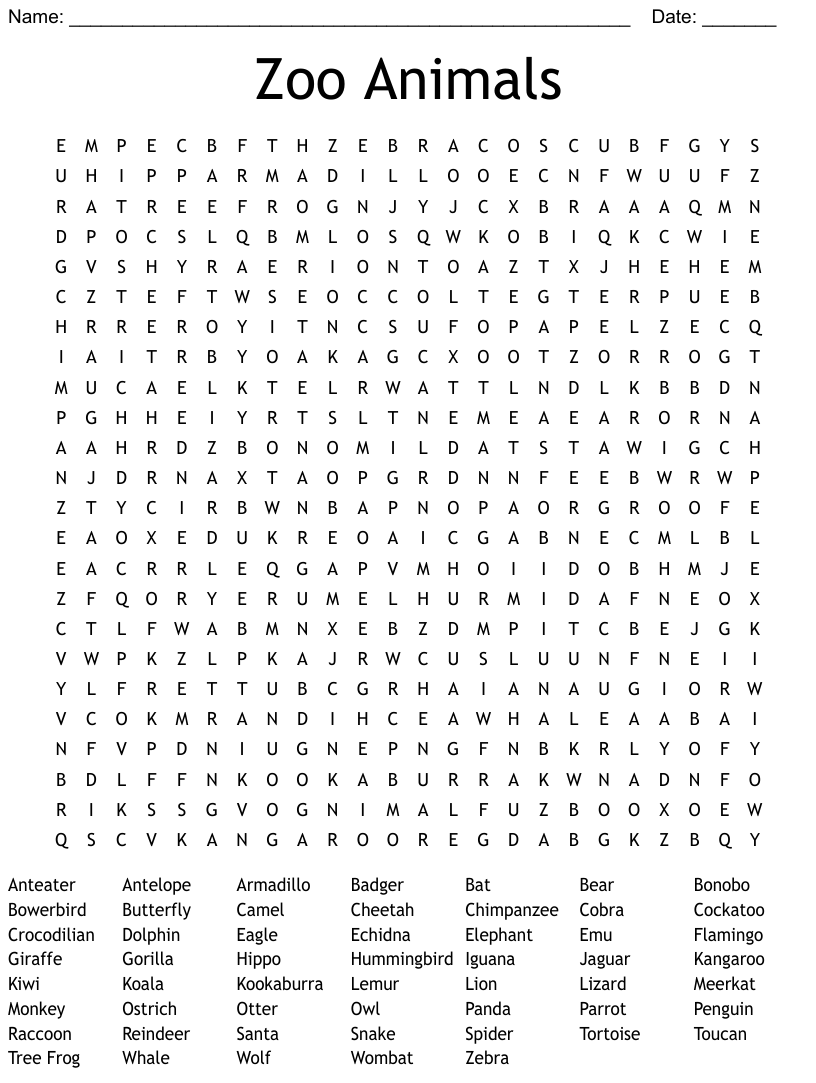 Zoo animals word search