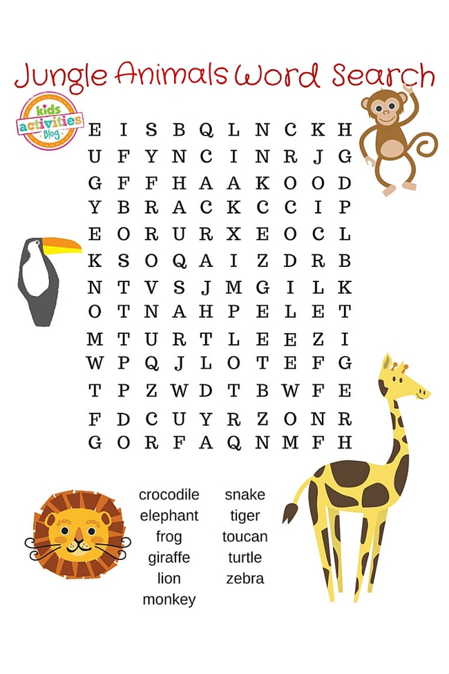 Jungle animal word search puzzle printable kids activities blog