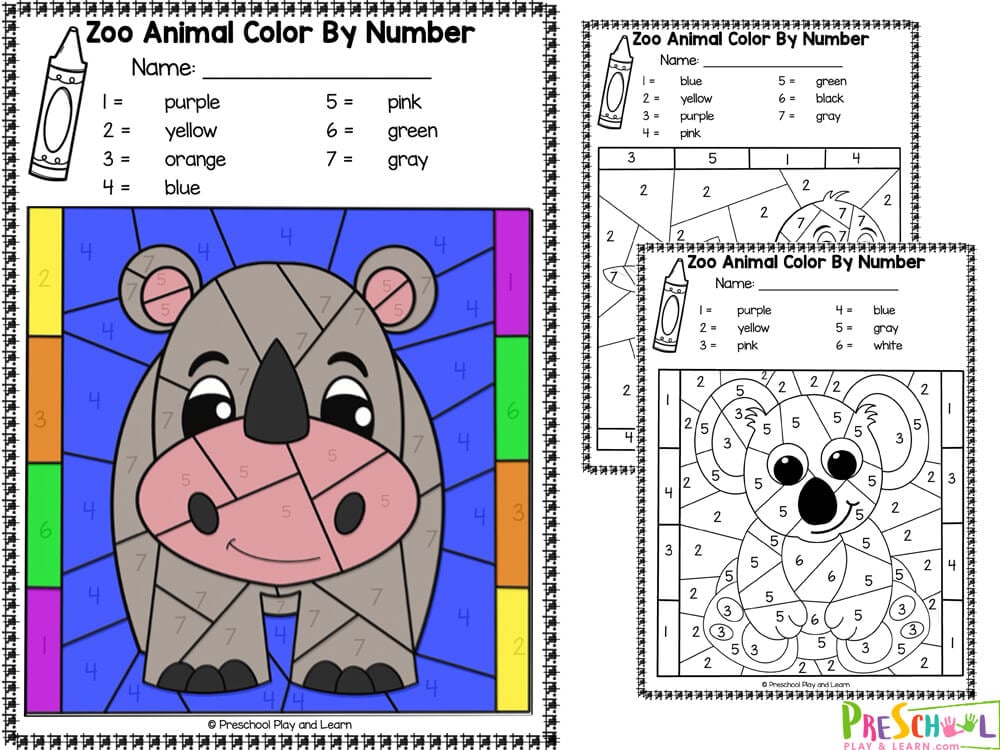 Ð free printable zoo animals color by number worksheets