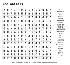 Zoo animals word search