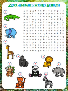 Zoo animal word search tpt