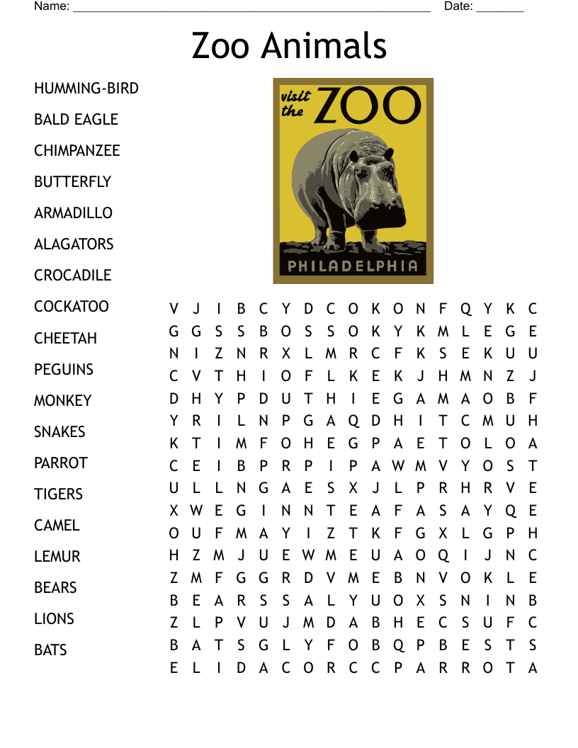 Zoo animals word search