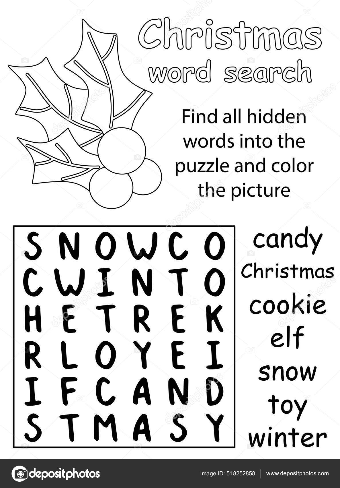 Christmas word search puzzle for children black and white printable worksheet vector illustration funny word game in english and coloring