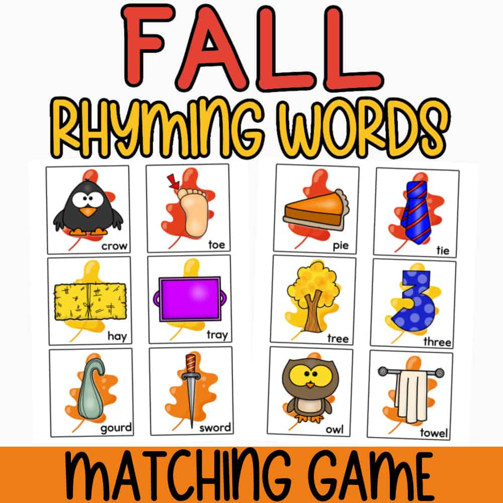 Fall rhyming words free printable matching game