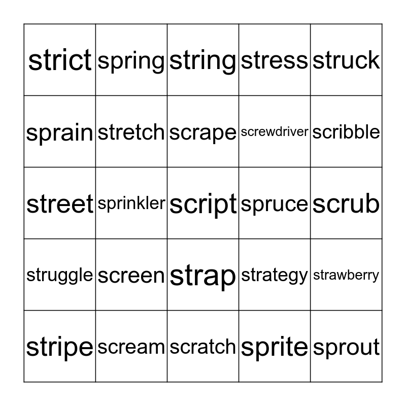 Words with scr str spr bingo card