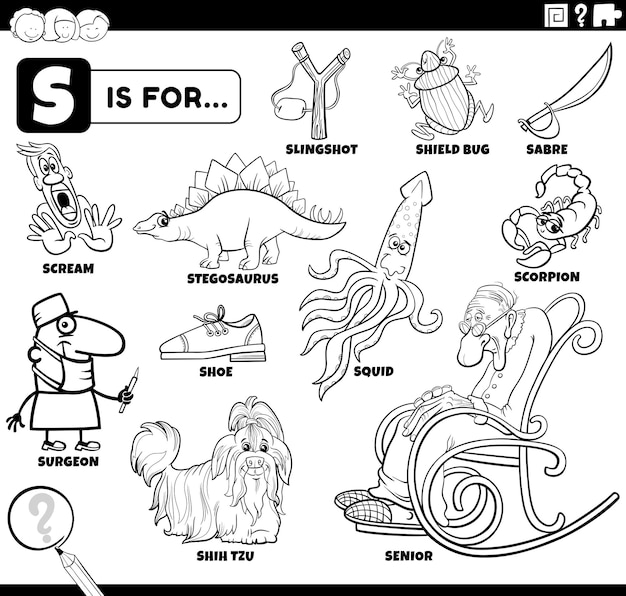 Premium vector letter s words educational set coloring book page